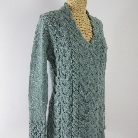 Irelands Eye Womens L Teal Blue Green Wool Cashmere V Neck Cable Knit Sweater - Picture 5 of 10